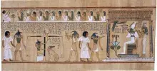 Papiro egipcio con escena del Juicio de Osiris y Ammyt junto a la balanza