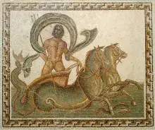 Poseidón y dos hipocampos en un mosaico romano