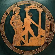 Teseo y el minotauro en una cerámica de figuras rojas