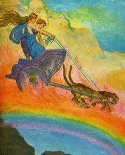 La diosa Freya cruzando el Bifrost en su carro