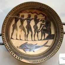 Cerámica de figuras negras con Polifemo y Odiseo
