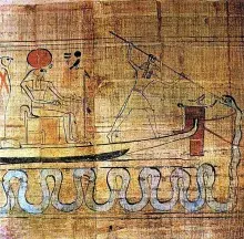 El dios Seth protegiendo la barca solar del ataque de Apofis