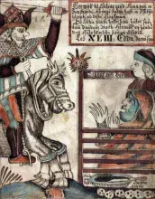 Hela junto con otros dioses en un manuscrito islandés del siglo XVIII