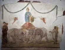 La diosa Venus en una cuadriga tirada por elefantes en un fresco de Pompeya