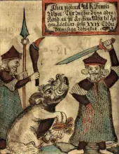 Fenrir devorando la mano de Tyr en un manuscrito islandés