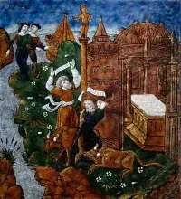 Héleno y Eneas tras la caída de Troya en una ilustración medieval