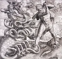 Ilustración de la Hidra de Lerna luchando contra Heracles y Yolao