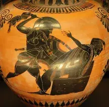 Neoptólemo mata a Príamo, en una cerámica de figuras negras