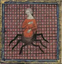 Miniatura medieval que ilustra el mito de Aracne