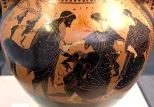 El centauro Quirón y Aquiles en una cerámica de figuras negras