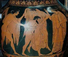 Apolo y Leto en una cerámica de figuras rojas