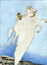 Pegaso y Belerofonte volando por los cielos