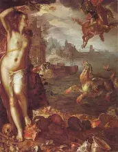 Andrómeda encadenada y Perseo en una pintura de Wtewael