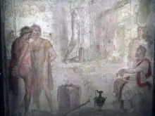 Orestes y Pílades prisioneros de los tauros en una pintura de Pompeya