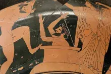 Euristeo oculto en una tinaja en una cerámica de figuras rojas