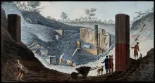 Grabado del siglo XVIII que muestra las primeras excavaciones del templo de Isis en Pompeya