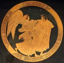 Titono y la Aurora Eos en una cerámica de figuras rojas