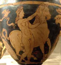 Cerámica griega que muestra al príncipe Troilo muriendo a manos de Aquiles