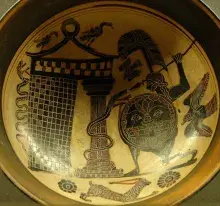 Cerámica griega que muestra al príncipe Troilo muriendo a manos de Aquiles