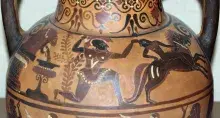 Cerámica griega que muestra al príncipe Troilo muriendo a manos de Aquiles