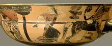 Cerámica griega que muestra al príncipe Troilo muriendo a manos de Aquiles
