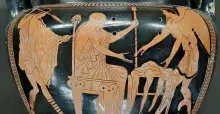 Zetes y Calais en una cerámica de figuras rojas ayudando al héroe Fineo con las harpías